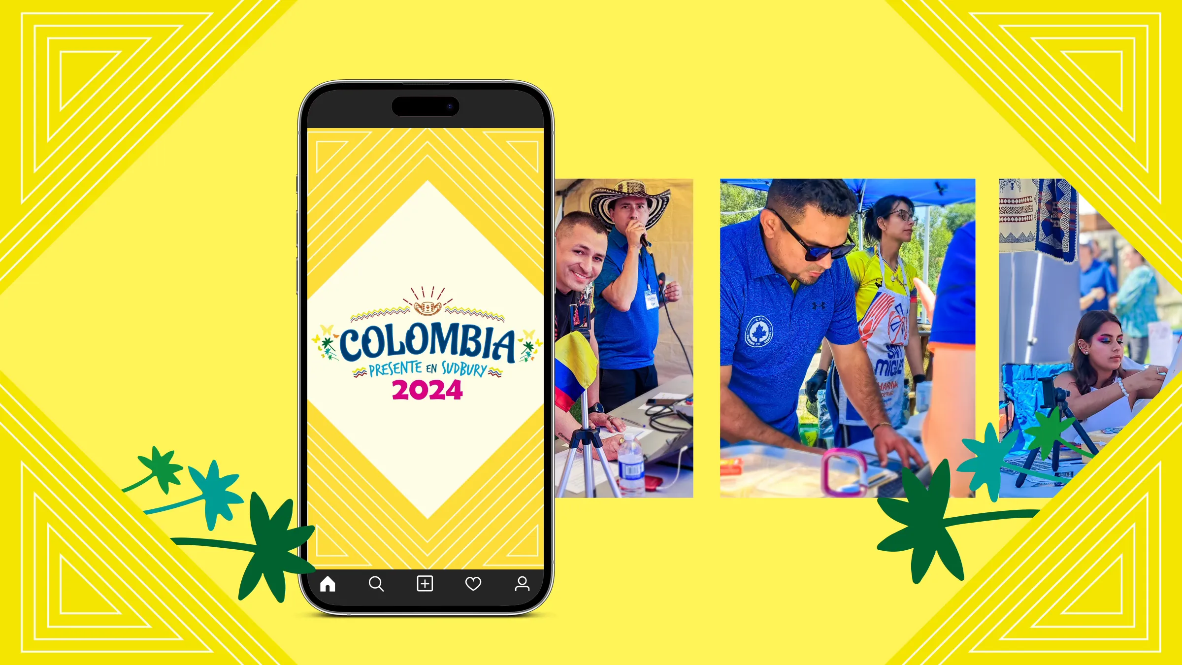 Image showing the video and images for the Colombia in Sudbury 2024 event with a yellow background
